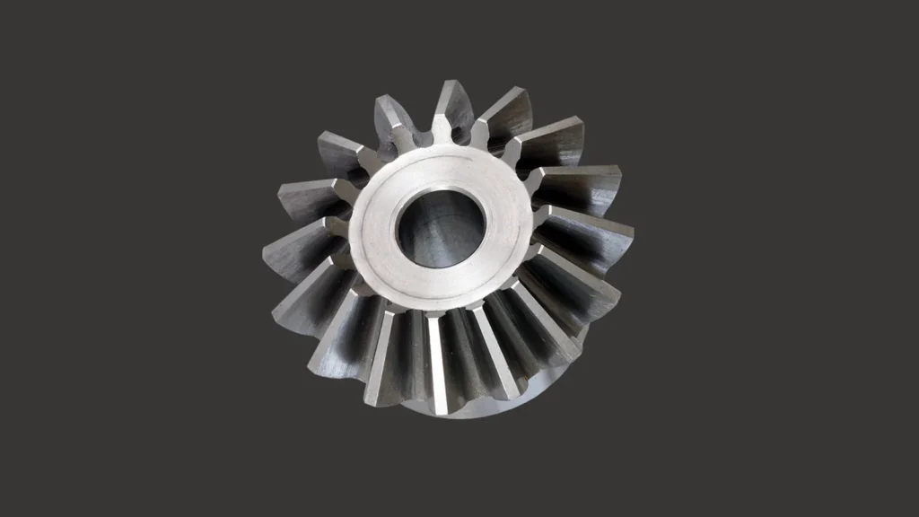 Steel bevel gear with straight teeth, conical gear ring, oblique top view
