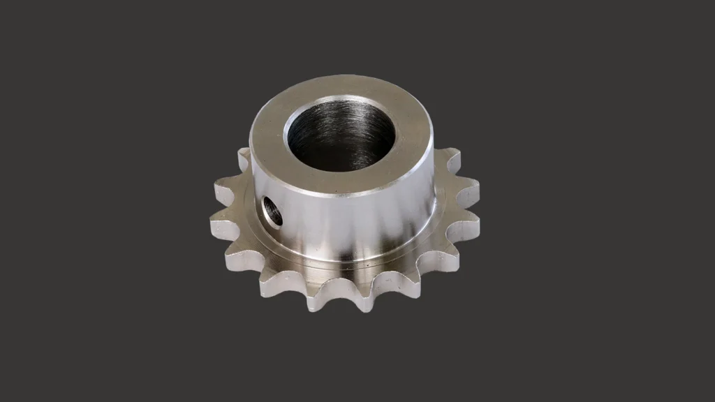 Steel sprocket with chain-pin hubs, a cylindrical hub, and evenly spaced teeth
