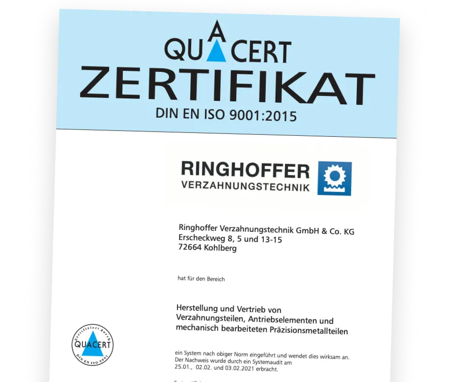 QuaCert Certificate DIN EN ISO 9001:2015 for Ringhoffer Verzahnungstechnik, issued 2021