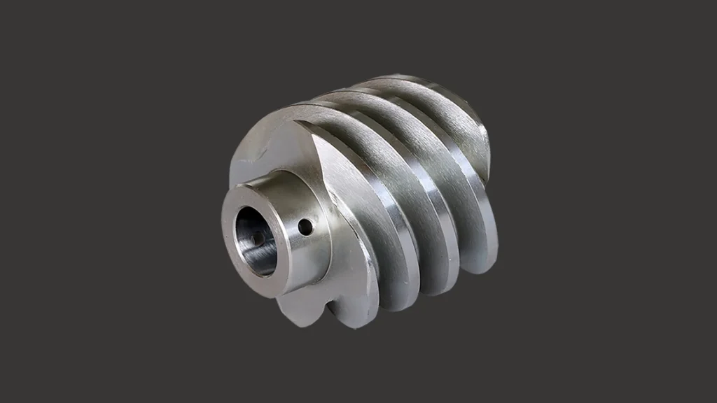 Steel worm gear with multi-start thread and central shaft bore, oblique view