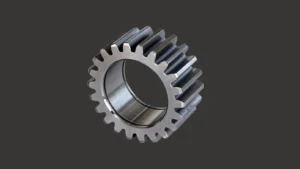 Cylindrical steel spur gear with straight teeth and a large central bore