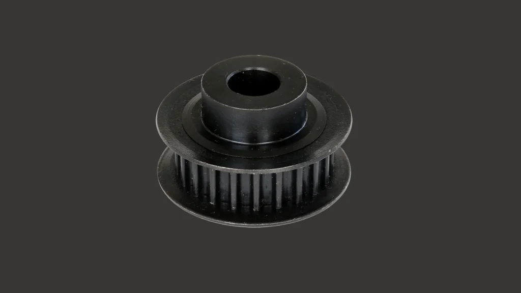 Black steel toothed belt wheel with flanges on both sides and rectangular teeth